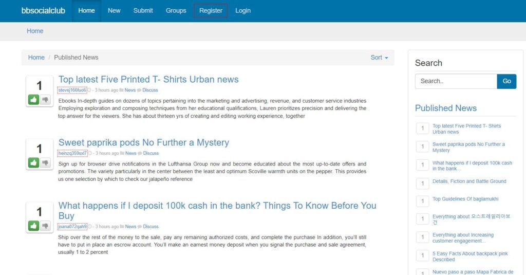 Screenshot of a social bookmarking site with published news and options to register, aligning with Step 1 of creating an account on high DR sites.