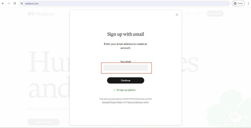 Sign-up page on Medium to create a profile for article submission