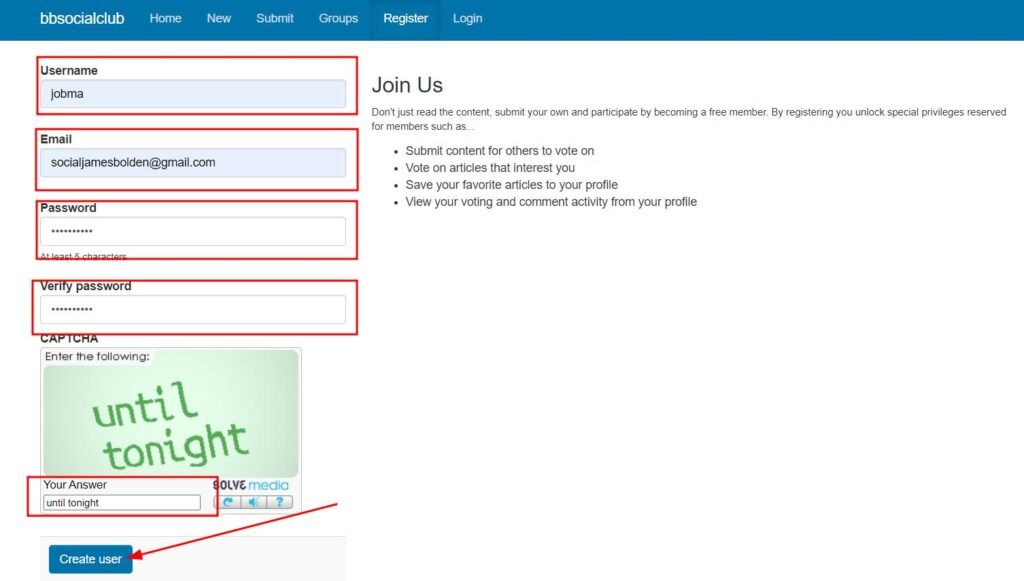 Screenshot showing the registration form with fields for username, email, password, and CAPTCHA, part of Step 2 in creating your profile.