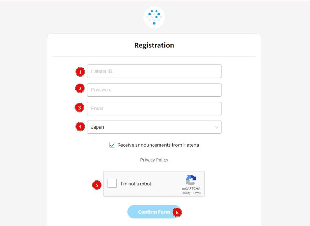 Hatena registration page showing fields to input ID, password, email, country, captcha verification, and submit button.