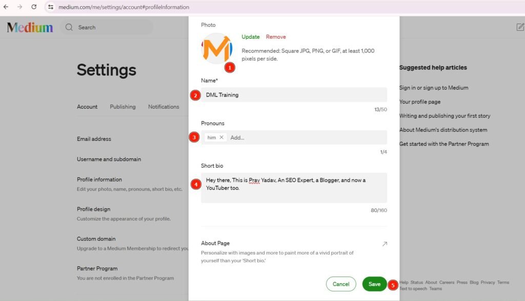 Medium profile settings page showing how to update name, bio, and other details to optimize your profile