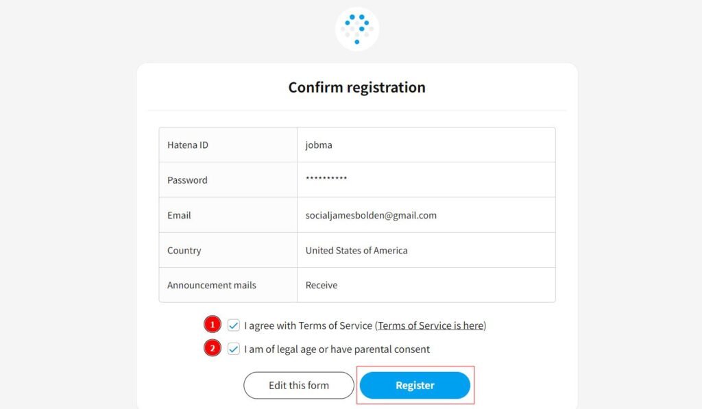 Hatena registration confirmation page showing user details and checkboxes for agreeing to terms and conditions before submitting.