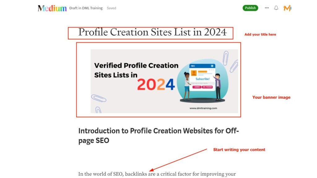 Medium draft editor showing how to format a profile creation article with title, banner image, and SEO content layout