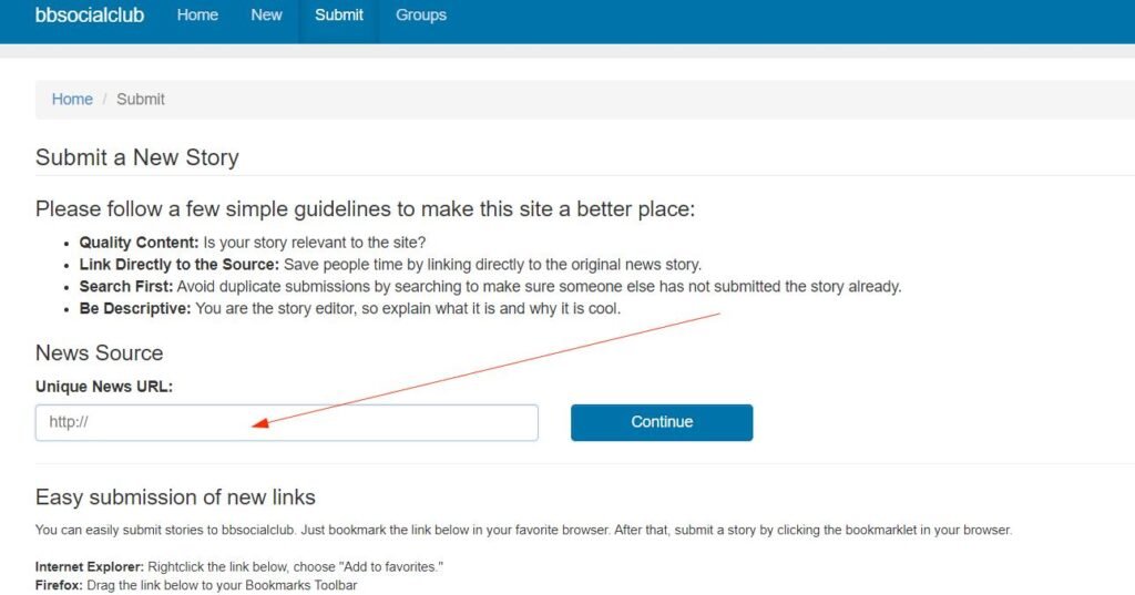 Screenshot showing the 'Submit a New Story' form with a field for entering the website URL, part of Step 4 for social bookmarking.