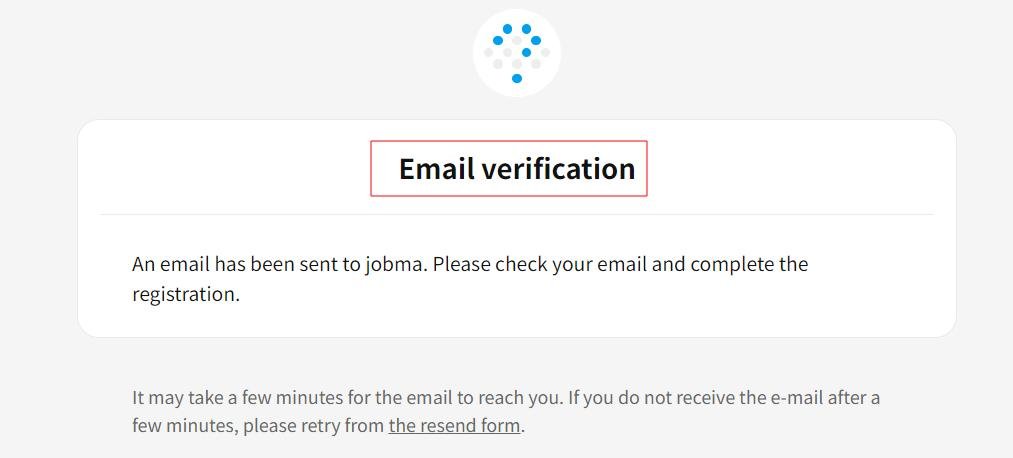 Email verification page from Hatena notifying the user to check their inbox or spam folder to complete registration.