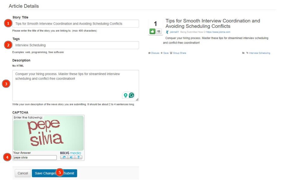 Screenshot of the article details form showing fields for title, tags, description, and CAPTCHA, part of Step 5 in submitting social bookmarks.