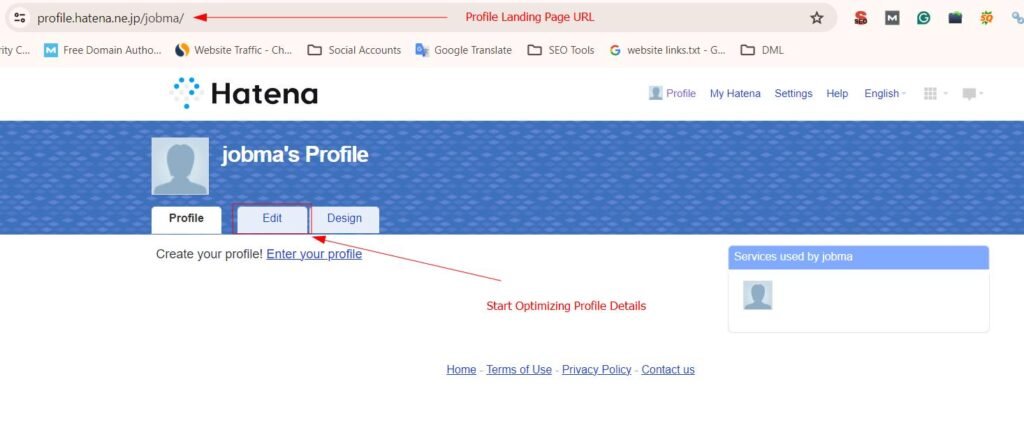Hatena profile page showing the user’s profile URL and options to edit or design the profile after logging in.