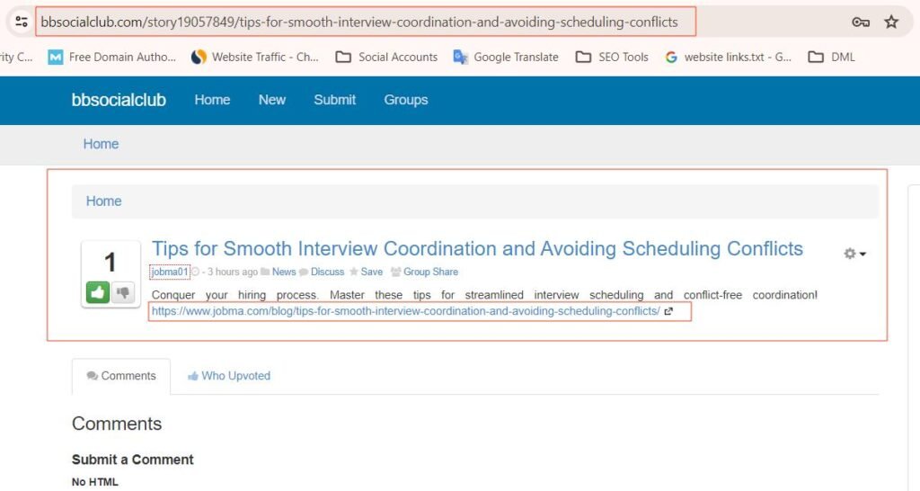 Screenshot showing the final published story with the unique URL visible, part of Step 6 for checking your bookmarking backlink in incognito mode.
