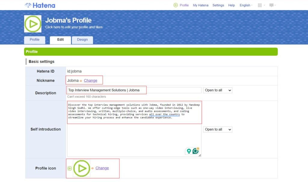 Hatena profile editing page where the user can update their profile details like nickname, description, and profile icon.