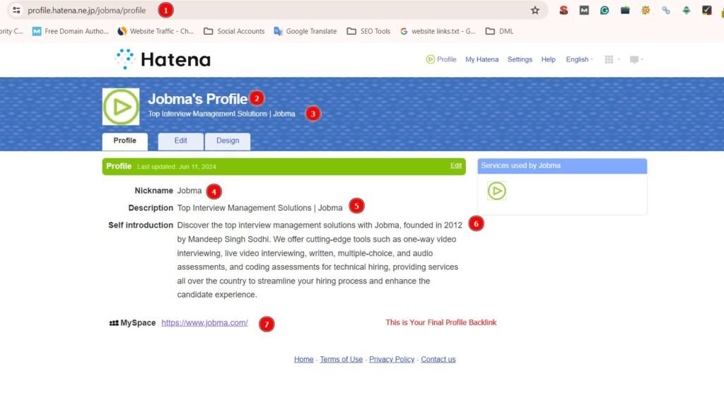 Completed Hatena profile showing the final submission with company details, description, and a backlink to the personal website.
