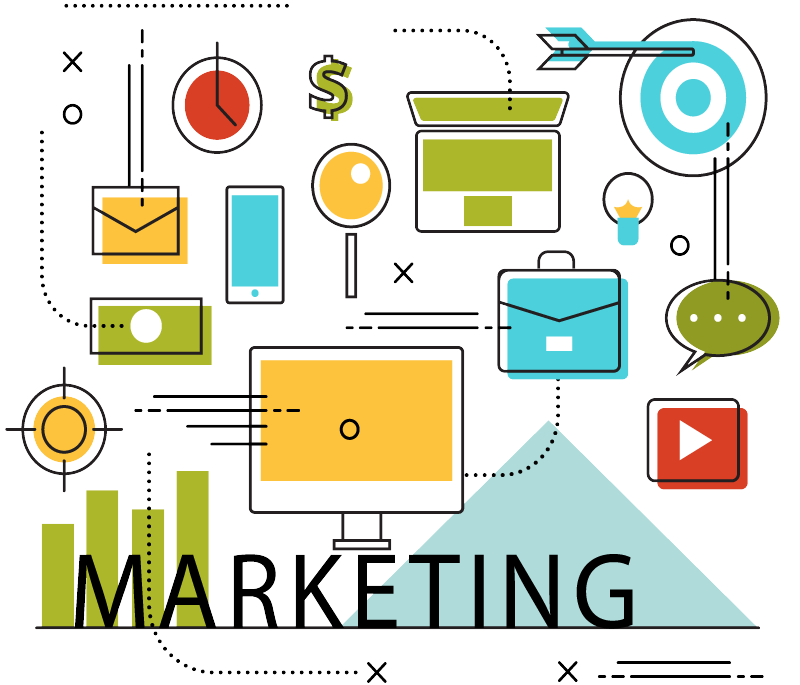 Colorful digital marketing icons including a computer, dollar sign, target, and social media symbols, with the word 'MARKETING' prominently displayed.