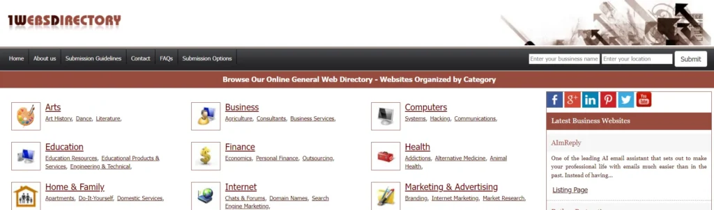1WebsDirectory homepage showcasing various categories like Arts, Business, Education, and more for website browsing and submission.