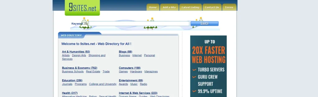 9Sites.net homepage displaying various website categories like Art, Business, Education, and more, with a search bar at the top.