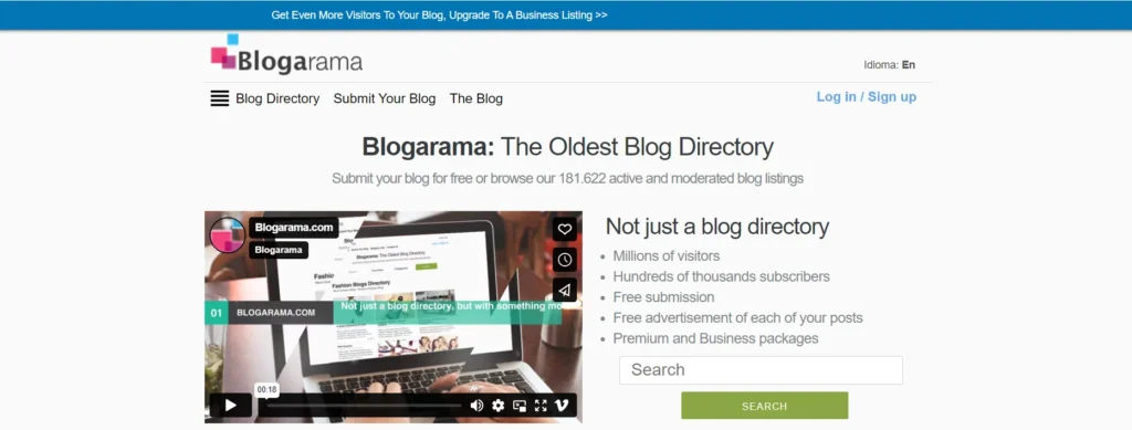 Blogarama homepage featuring a video demonstration, with a call-to-action to submit your blog and a search bar for browsing active blog listings.