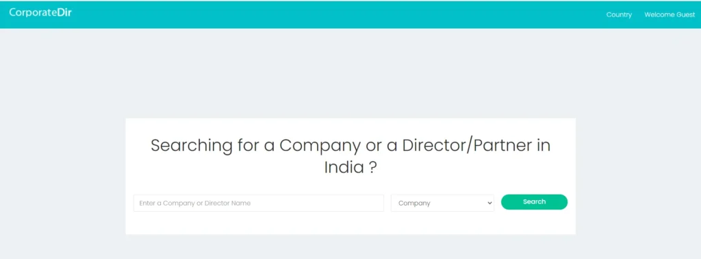CorporateDir homepage featuring a search bar to find companies or directors/partners in India with options for country selection.
