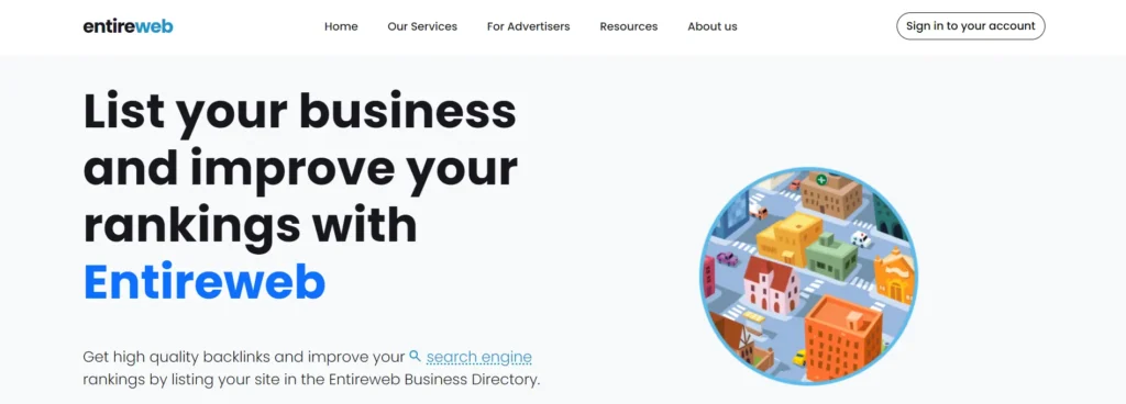 Entireweb homepage featuring a colorful, cartoon-style cityscape and a call-to-action to list your business for improved rankings.