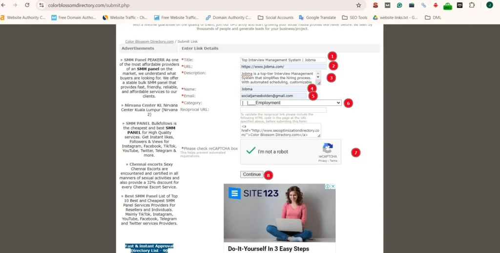 Color Blossom Directory submission form showing fields for entering title, URL, description, email, and category, with a CAPTCHA for verification.