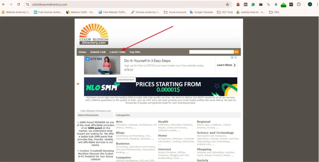 Color Blossom Directory homepage with an arrow pointing to the 'Latest Links' button, showing options to browse listings and categories.