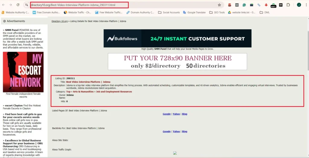 Directory listing page showing submission details, including the title, description, category, and backlink information for the 'Best Video Interview Platform' Jobma.