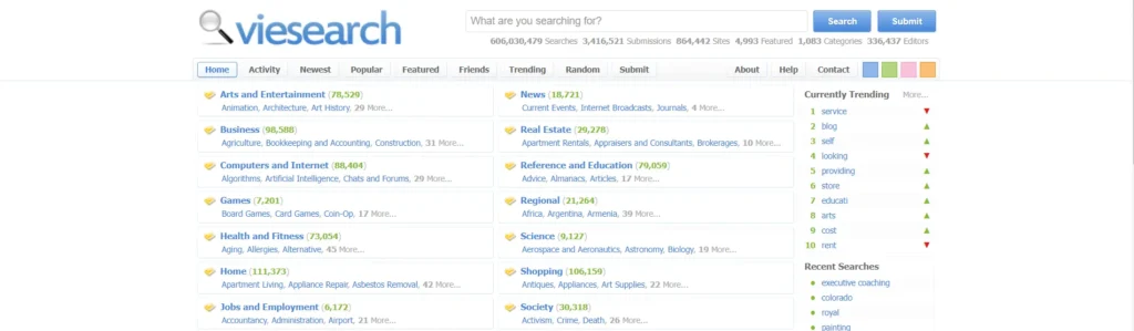 Viesearch homepage displaying various website categories such as Arts, Business, Computers, Health, and more with a search bar at the top.