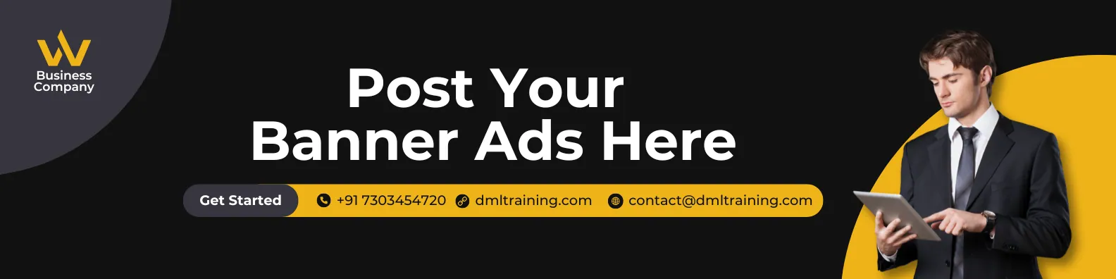 Banner ad showcasing a business company with contact details and a call-to-action to post banner ads, featuring a professional holding a tablet