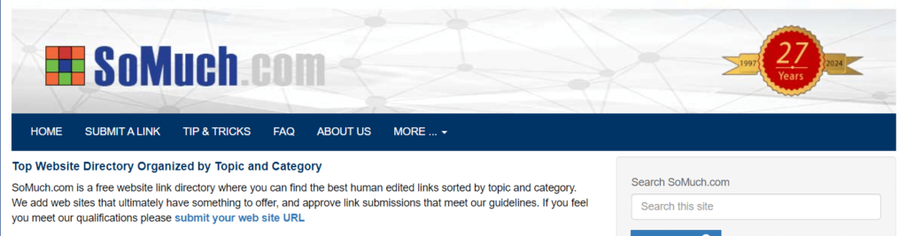 SoMuch.com homepage with a colorful logo and a banner highlighting '27 Years' of service, featuring categories for website submission.