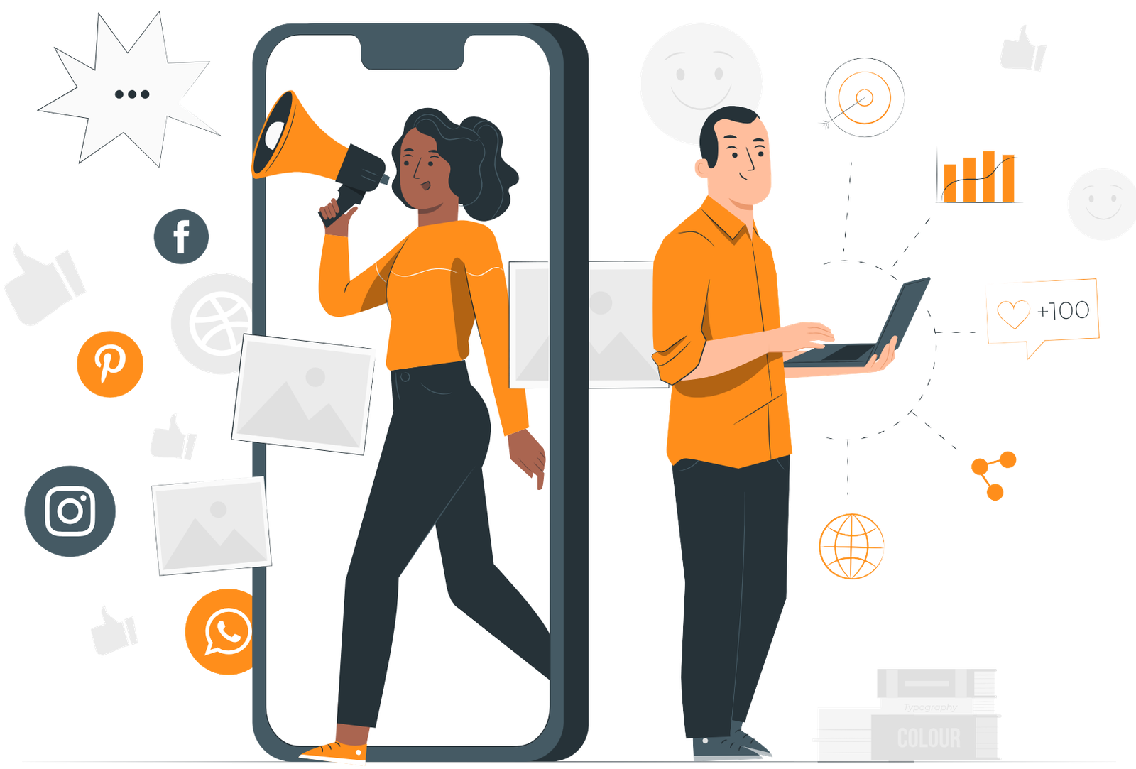 Illustration of a woman with a megaphone coming out of a phone and a man with a laptop, surrounded by social media icons and engagement symbols, representing digital marketing.