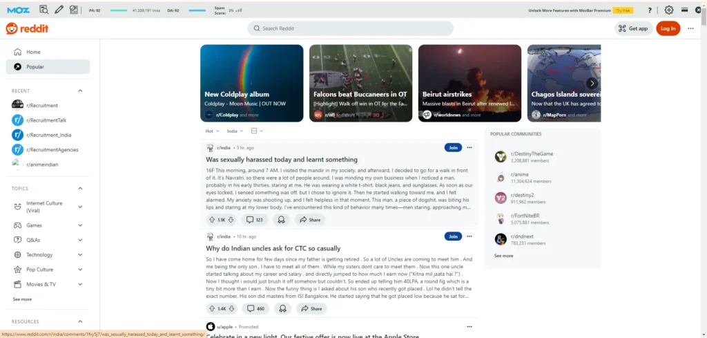 Screenshot of Reddit’s homepage illustrating the process of evaluating a forum's relevance, authority, and spam score for strategic submission.