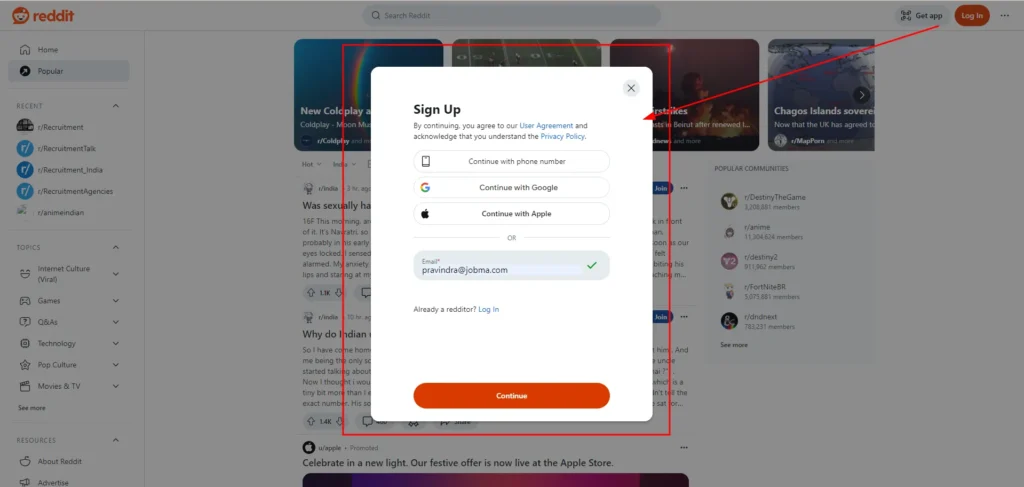 Screenshot of Reddit sign-up form demonstrating account creation with real login details to ensure authenticity and avoid spam flags in forum submissions.