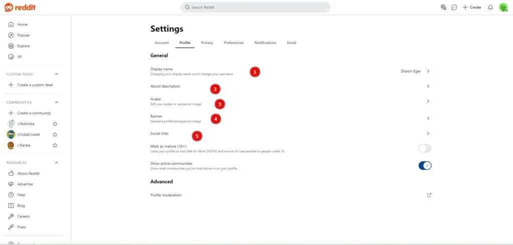 Screenshot of Reddit profile settings page showing editable fields like display name, avatar, banner, and social links after email verification.