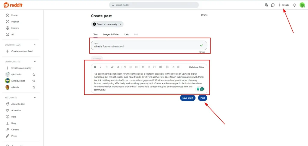 Screenshot of Reddit’s create post interface with title and discussion input fields, illustrating the step of publishing forum content after profile setup and engagement.