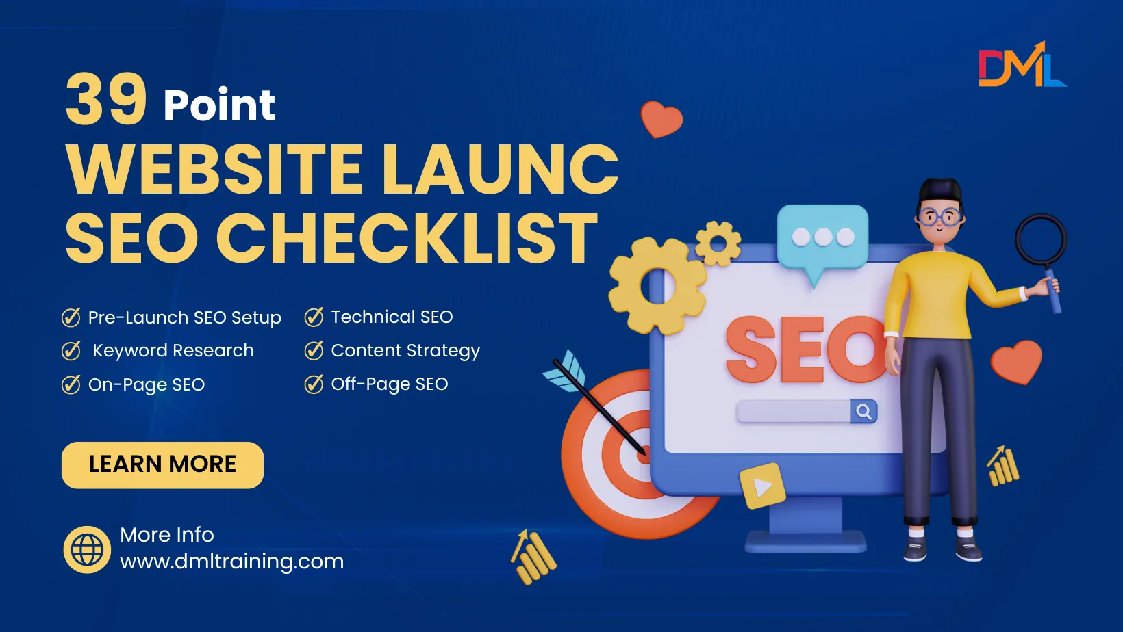 Infographic of a 39-point Website Launch SEO Checklist with sections like SEO setup, keyword research, and more.
