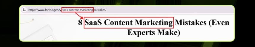Example of a blog URL and title highlighting the keyword “saas content marketing” in the slug to demonstrate effective SEO practice.