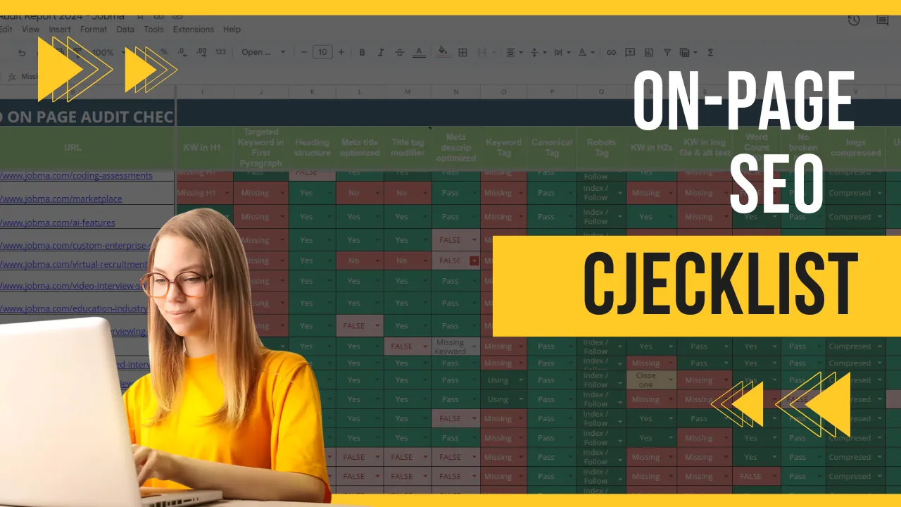 On-page SEO checklist highlighting key elements like content optimization, meta tags, keywords, and internal linking structure.