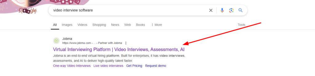 Google search result highlighting a page title optimized with keywords for video interview software.