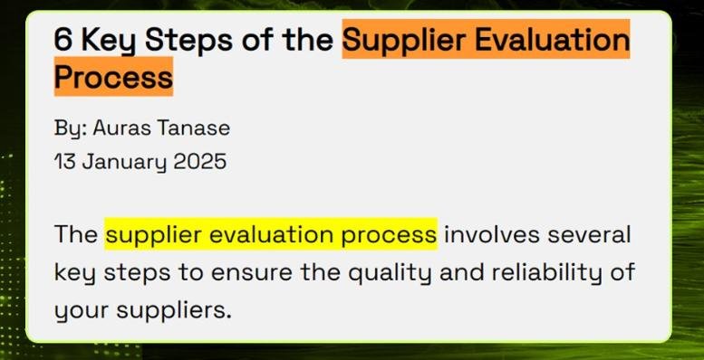 Highlighted example of a meta description and blog title using the keyword “supplier evaluation process” early to improve click-through rate.