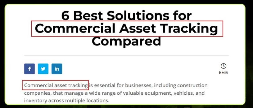 Example of a blog post title and introduction featuring the keyword “commercial asset tracking” to demonstrate proper keyword usage at the start of content.