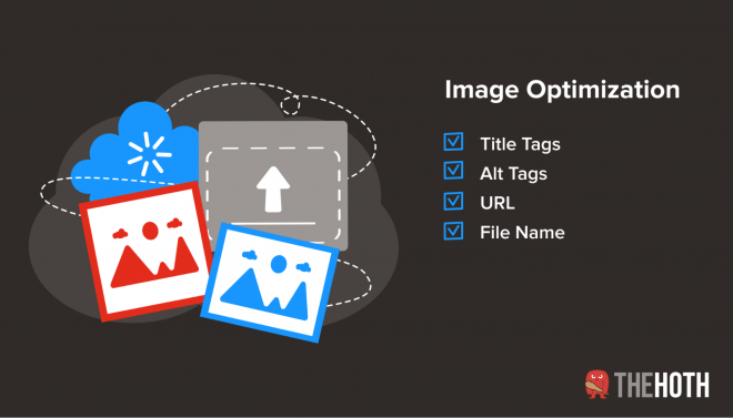 Checklist graphic showing key elements of image optimization for SEO, including title tags, alt tags, URL structure, and file naming.