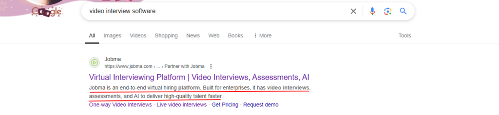 Google search snippet showing a meta description with highlighted keywords for video interview software to illustrate effective SEO practice.