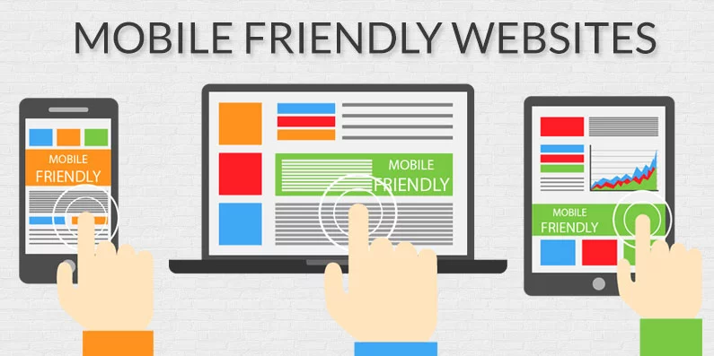 Visual showing responsive design across smartphone, tablet, and laptop screens labeled “Mobile Friendly,” emphasizing the importance of mobile-optimized websites.