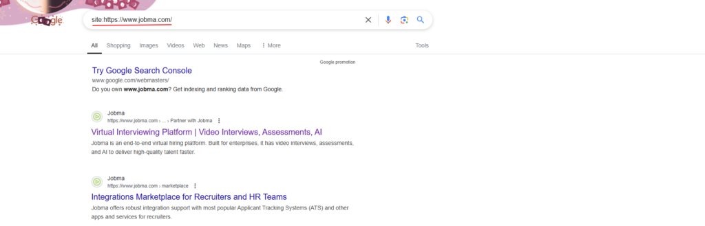 Google search using the “site:” operator to check indexed pages for the domain jobma.com, used to verify crawlability and indexing status.