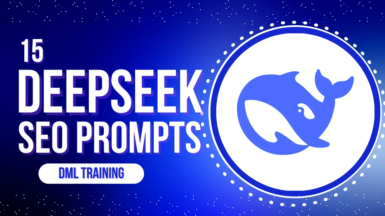 Banner image with text '15 DeepSeek SEO Prompts' and a blue whale logo on a starry blue background.