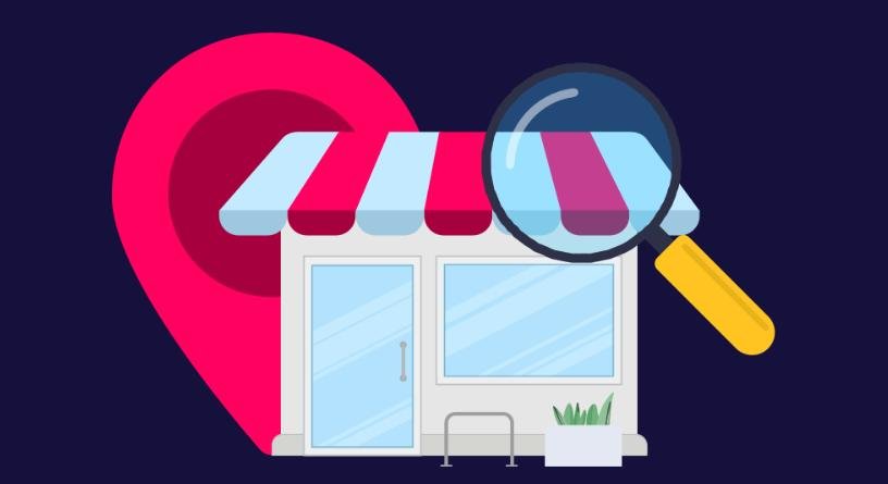 Local storefront with location pin and magnifying glass symbolizing local SEO and Google My Business optimization.