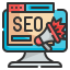 Computer screen displaying 'SEO' with a megaphone, symbolizing search engine optimization and boosting online visibility.