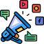 Social media marketing with a megaphone and various social media icons, representing engagement and growth through dynamic strategies.