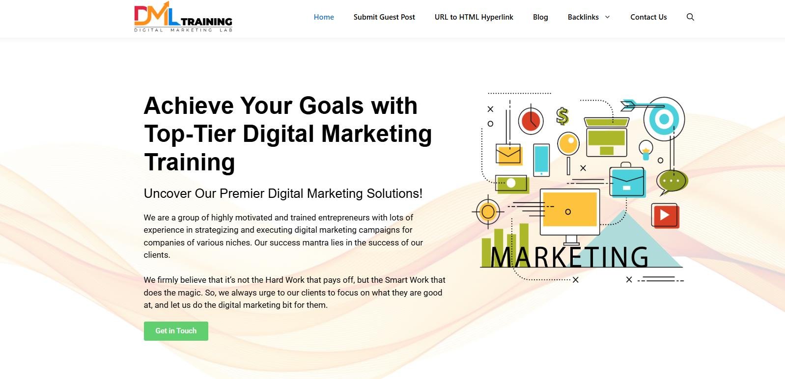 Banner for DML Training highlighting digital marketing elements and promoting top-tier marketing training.