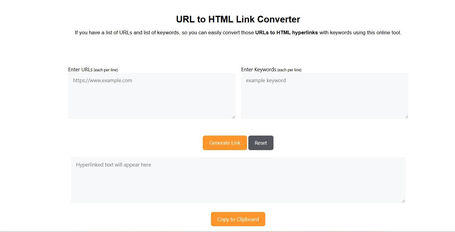 Screenshot of a URL to HTML Link Converter tool with fields for entering URLs and keywords, and options to generate or reset the links.