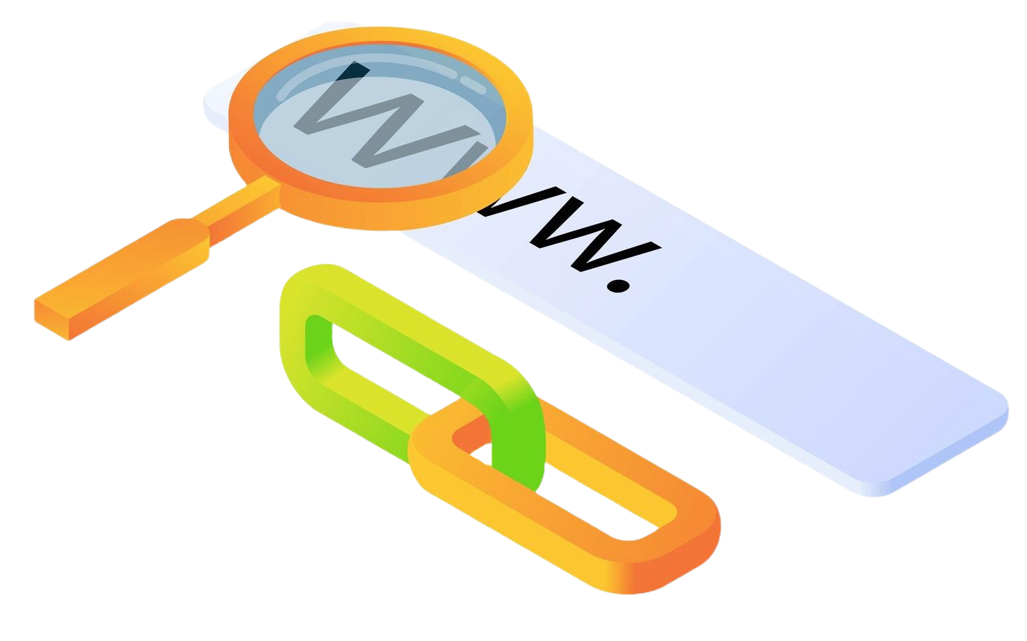 Illustration showing a magnifying glass over the 'www' and a hyperlink chain, symbolizing the process of linking and keyword optimization for URLs.